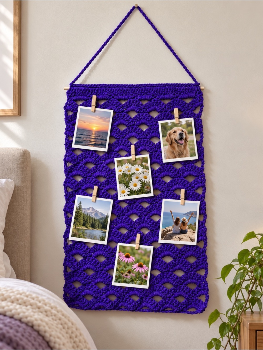 Handmade Purple Crochet Photo Display Wall Hanging Boho Decor